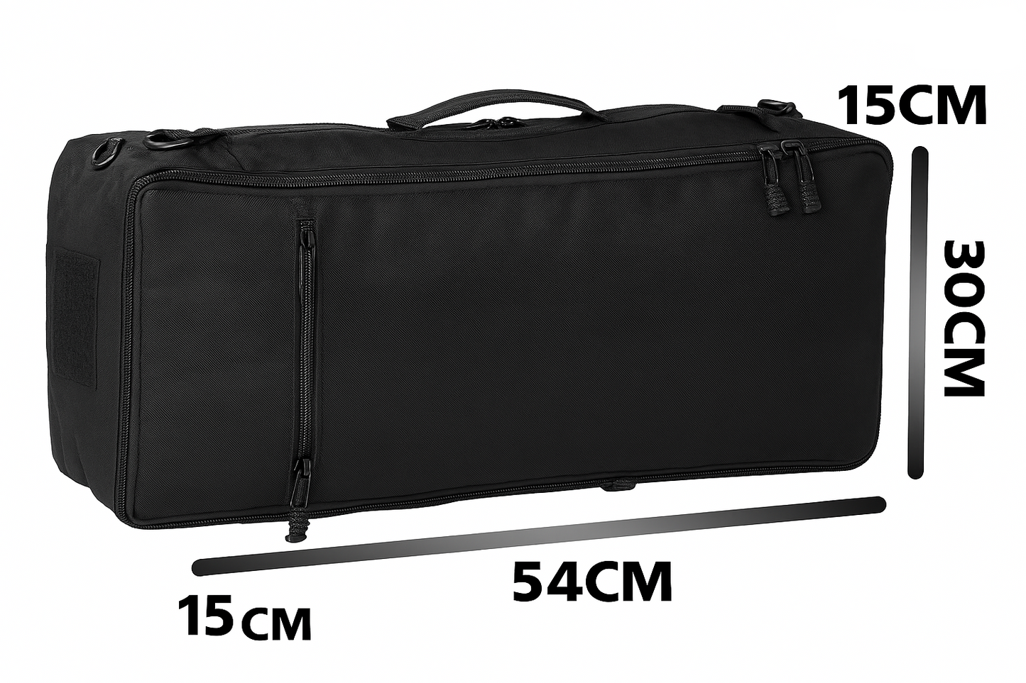 Black bag with dimensions labeled on a white background