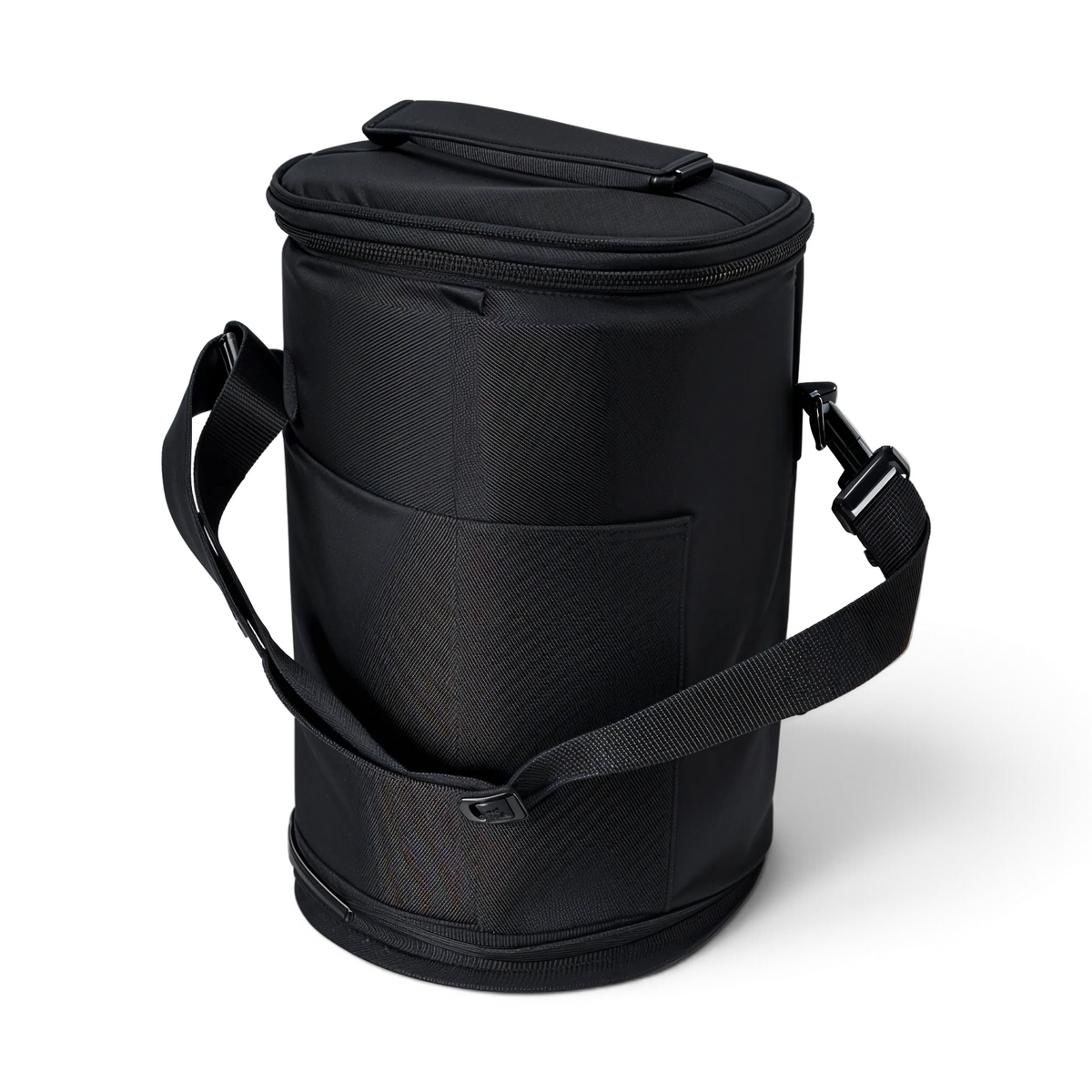 MJM Outdoor black cylindrical insulated lunch container with a secure zipper and adjustable shoulder strap.