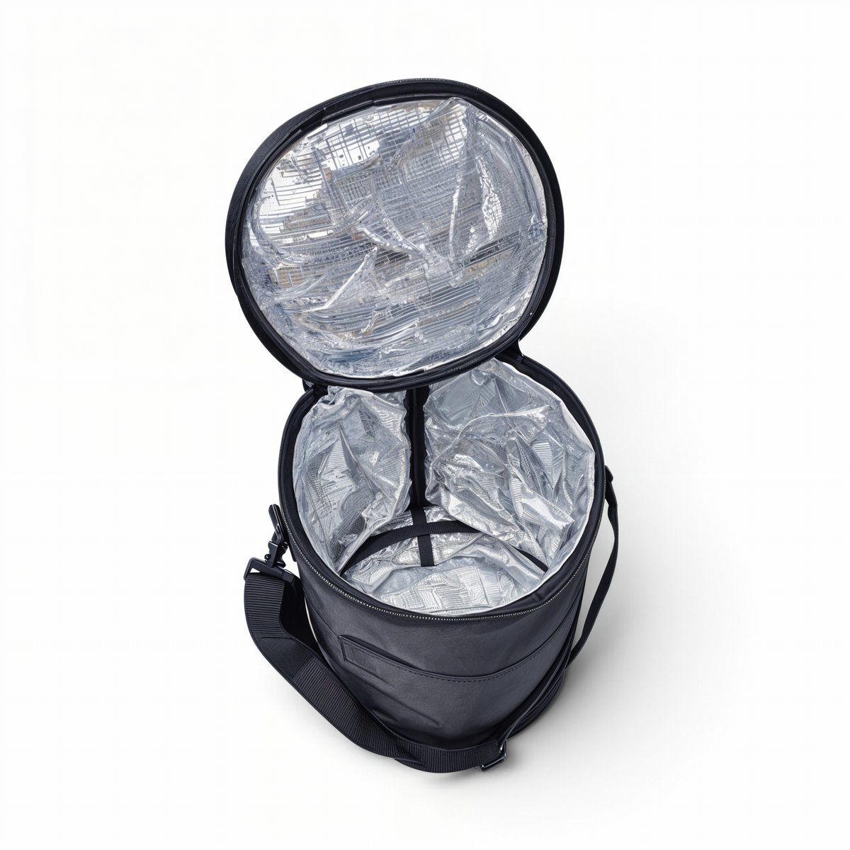 MJM Outdoor insulated lunch container in black with a cylindrical shape, silver thermal lining, and shoulder strap.