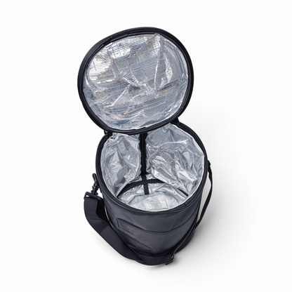MJM Outdoor insulated lunch container in black with a cylindrical shape, silver thermal lining, and shoulder strap.