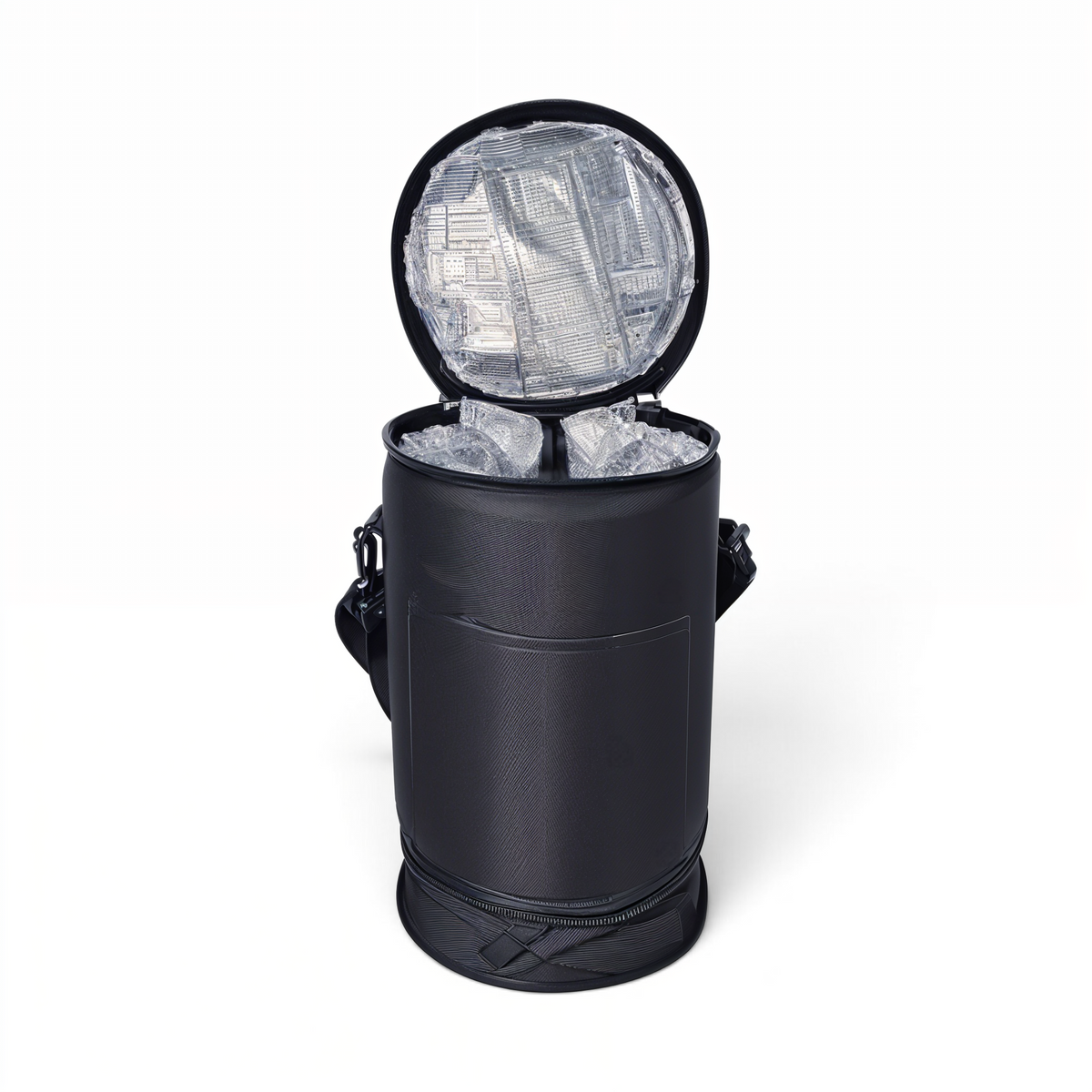 MJM Outdoor black cylindrical insulated lunch container with open lid showing thermal lining and compartments