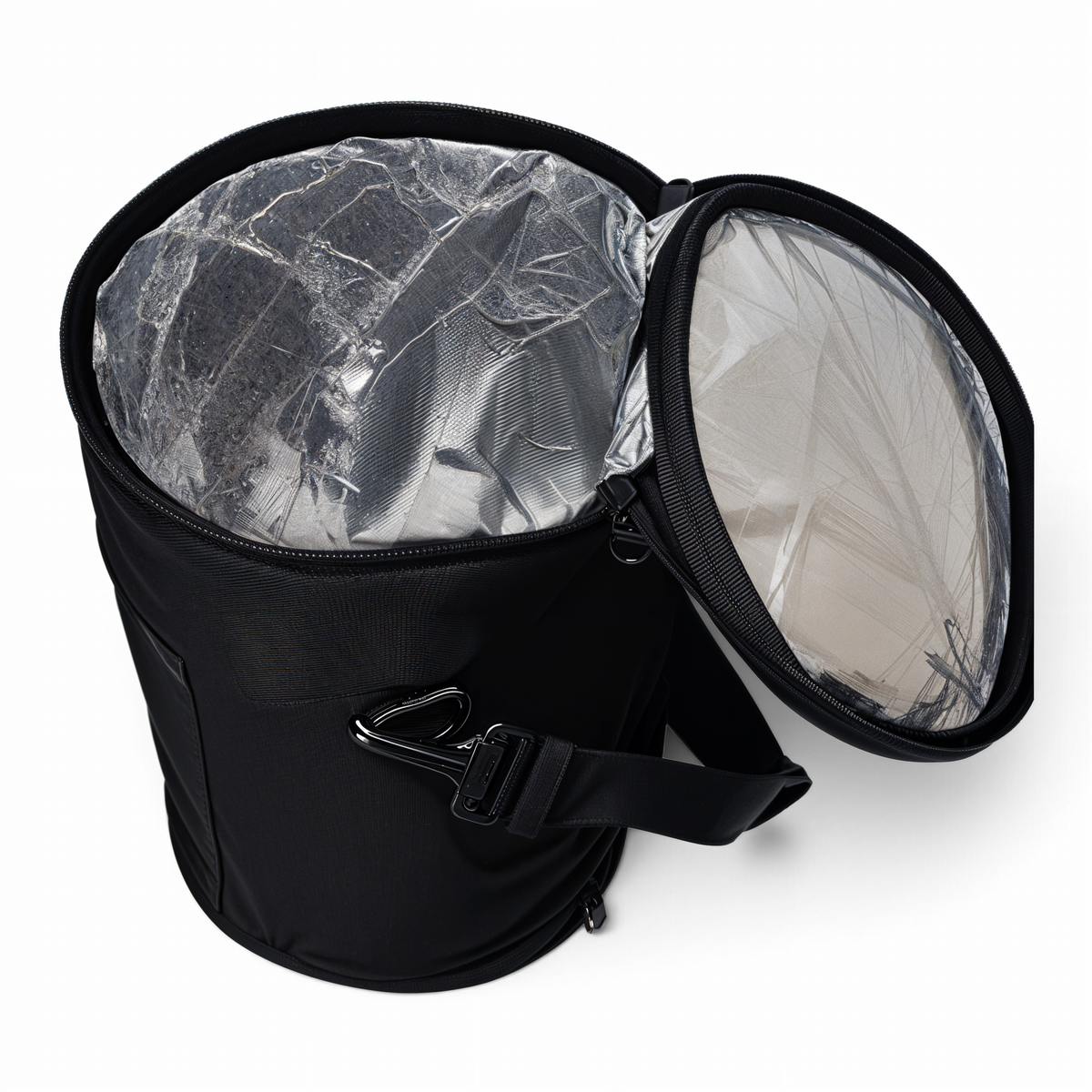 MJM Outdoor black cylindrical insulated lunch container with silver thermal lining and adjustable shoulder strap