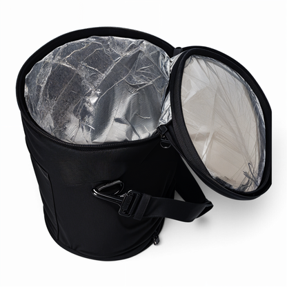 MJM Outdoor black cylindrical insulated lunch container with silver thermal lining and adjustable shoulder strap