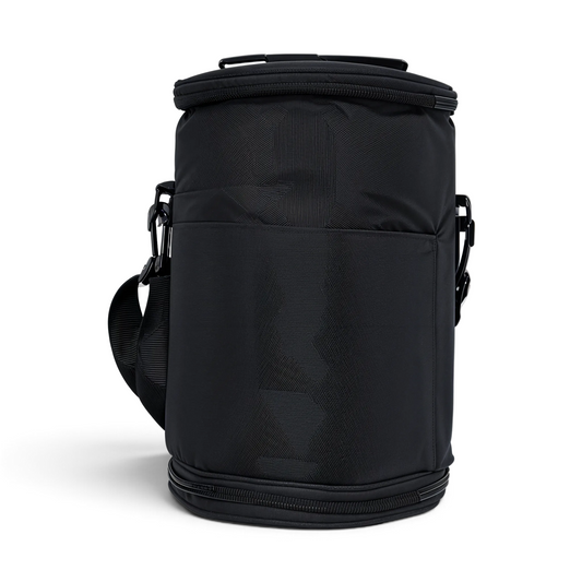 MJM Outdoor black cylindrical insulated lunch container with a durable water-resistant exterior and shoulder strap.